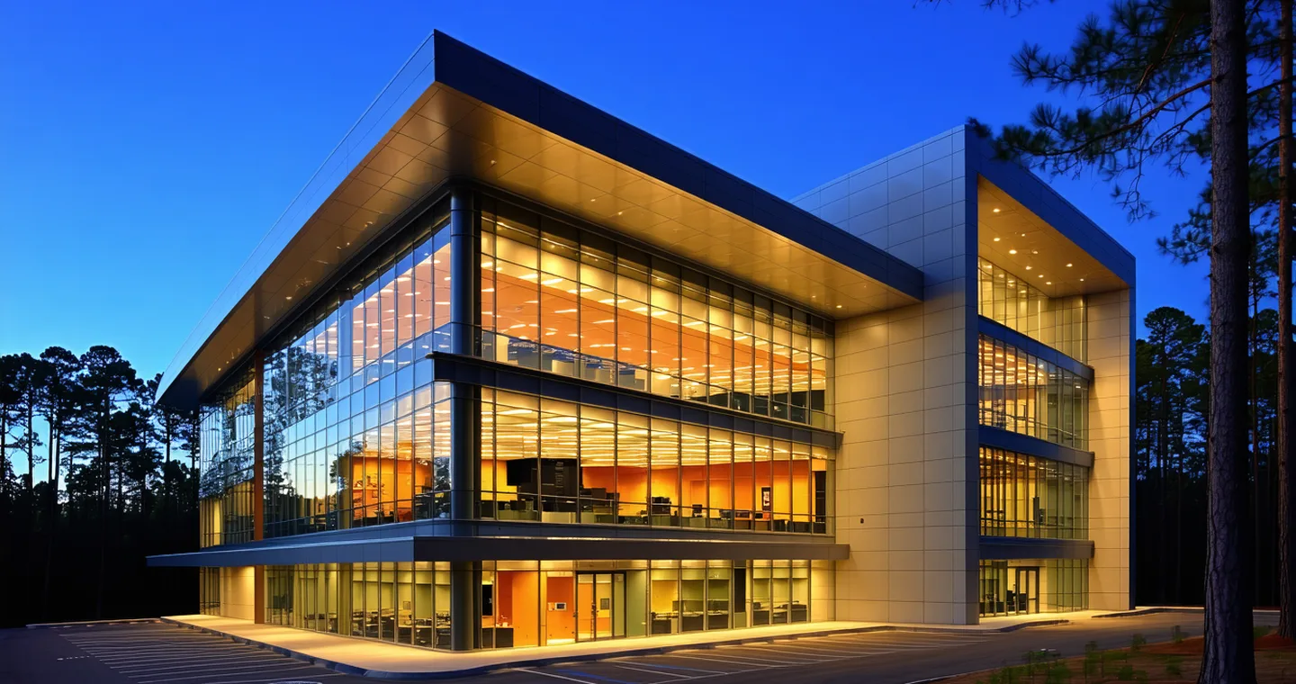 Research Triangle Park campus with modern office buildings surrounded by mature forest and biotech facility signage