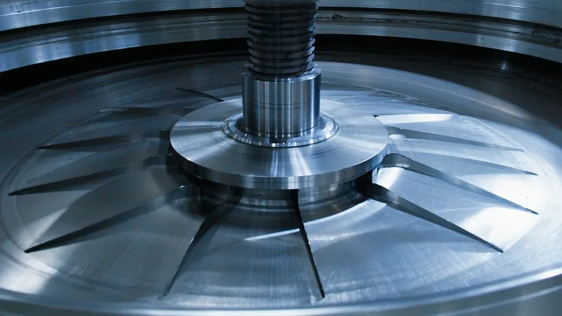 Close-up of Rushton turbine impeller in stainless steel bioreactor showing blade geometry
