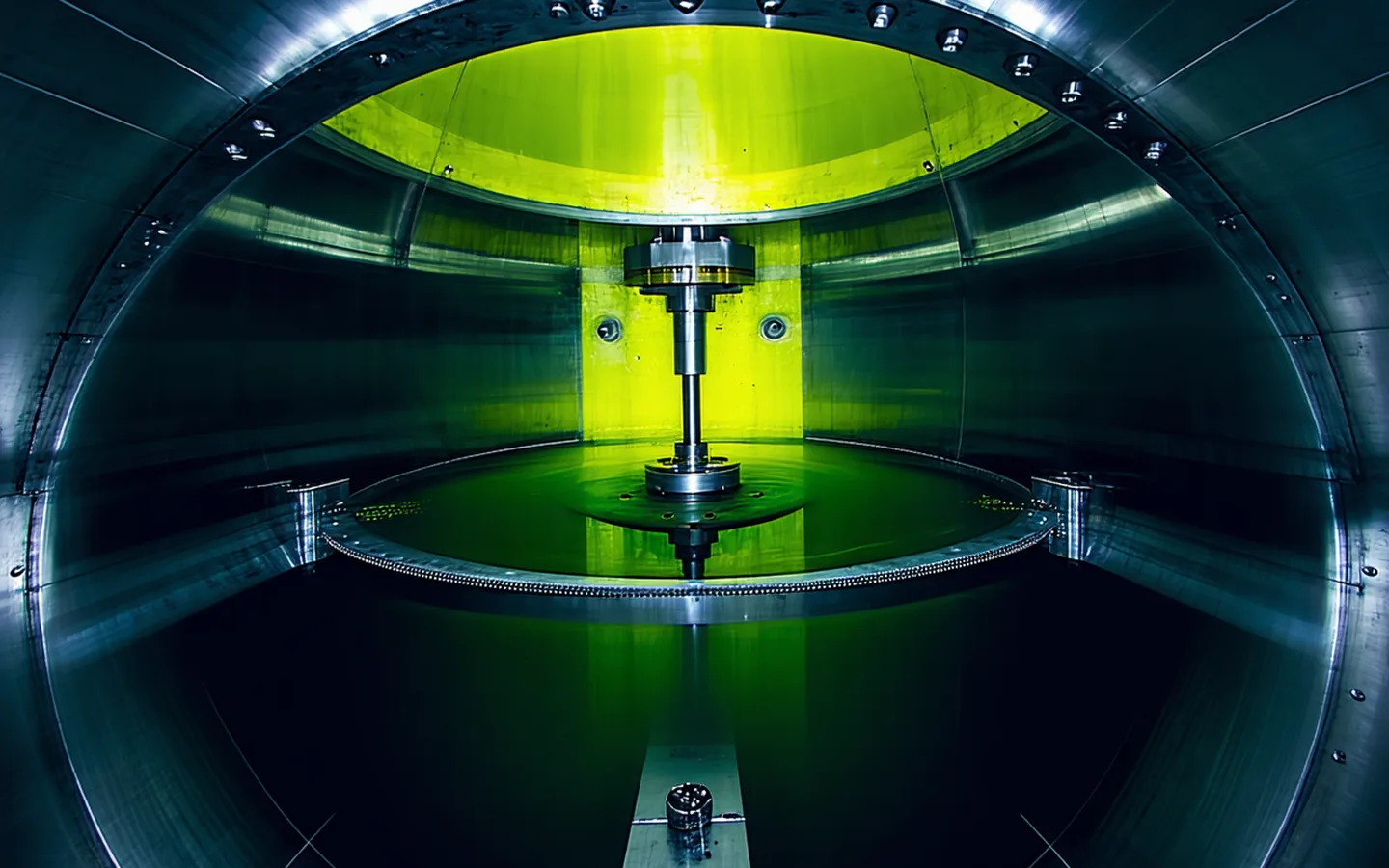 Interior view of a 500L stainless steel bioreactor vessel with fermentation culture visible under industrial lighting