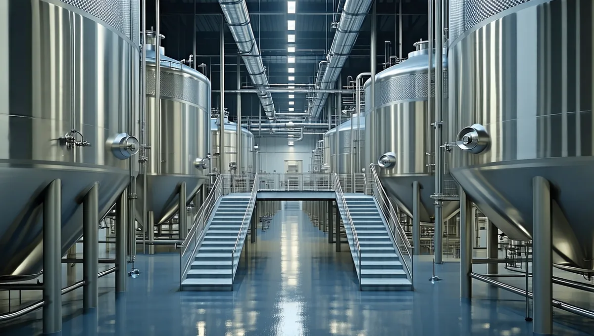 Large industrial fermentation vessel at commercial scale with instrumentation and control panel in background